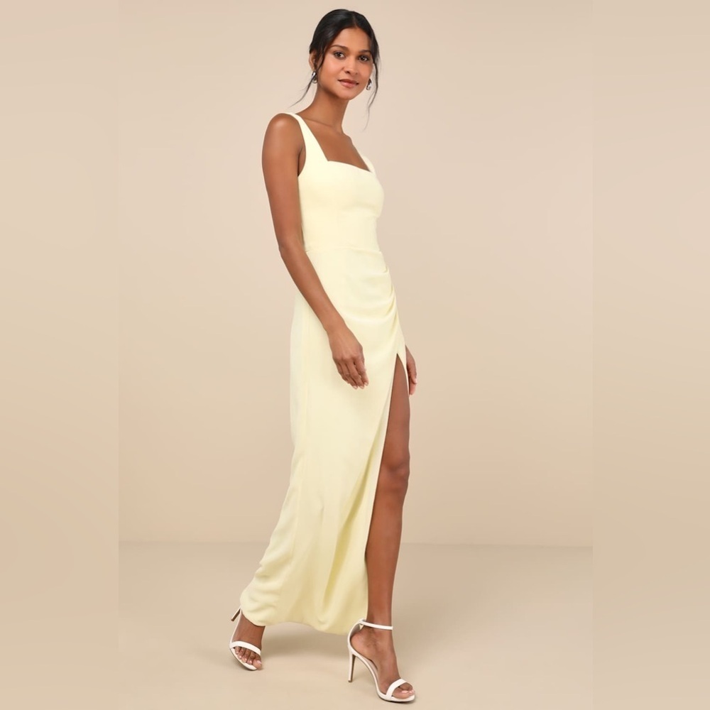 Lulus Glamorous Disposition Light Yellow Ruched Maxi Dress - Picture 3 of 5